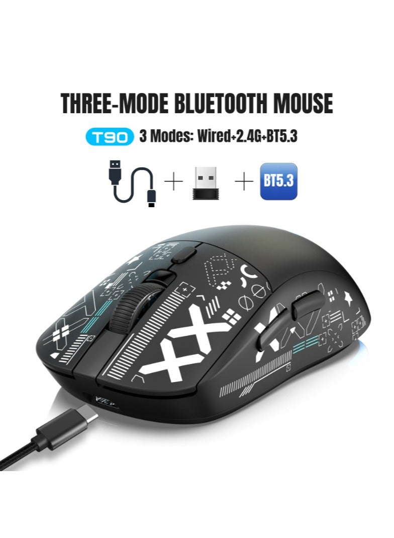 HXSJ T90 Wireless Gaming Mouse – Tri-Mode (Wired, 2.4GHz, BT5.3) – 3600 DPI Adjustable – 650mAh Rechargeable Battery – RGB Lighting (6 Modes) – Ultra-Light – Silent Switches – Type-C Fast Charging – PC, Laptop Compatible  (Black) - Image 2