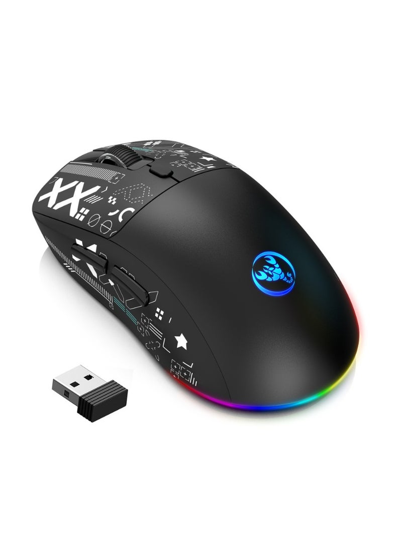 HXSJ T90 Wireless Gaming Mouse – Tri-Mode (Wired, 2.4GHz, BT5.3) – 3600 DPI Adjustable – 650mAh Rechargeable Battery – RGB Lighting (6 Modes) – Ultra-Light – Silent Switches – Type-C Fast Charging – PC, Laptop Compatible  (Black) - Image 1