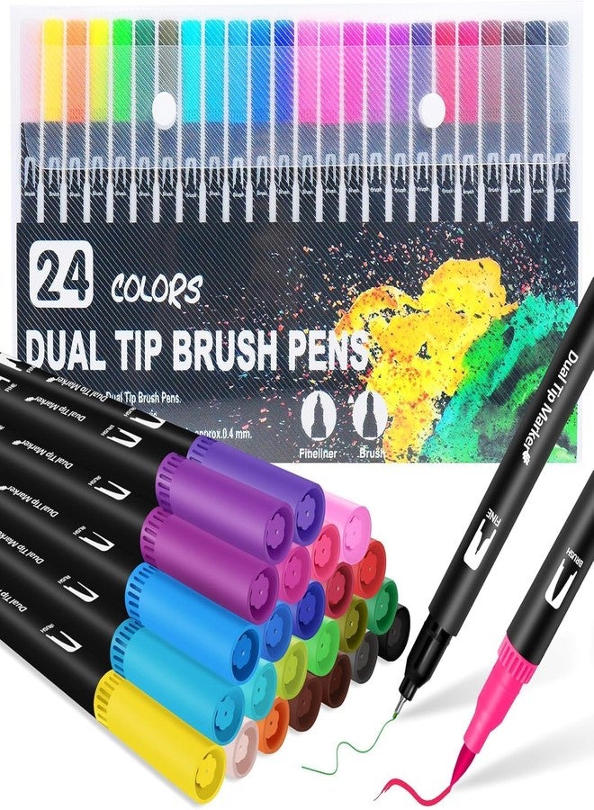 Delightbee 24 Colors Markers for Adult Coloring Books No Bleeding, Dual Tip Markers for School, Fine and Brush Tip for Adults Coloring Books, Calligraphy, Drawing, Sketching - Image 1