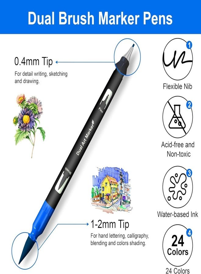 Delightbee 24 Colors Markers for Adult Coloring Books No Bleeding, Dual Tip Markers for School, Fine and Brush Tip for Adults Coloring Books, Calligraphy, Drawing, Sketching - Image 5
