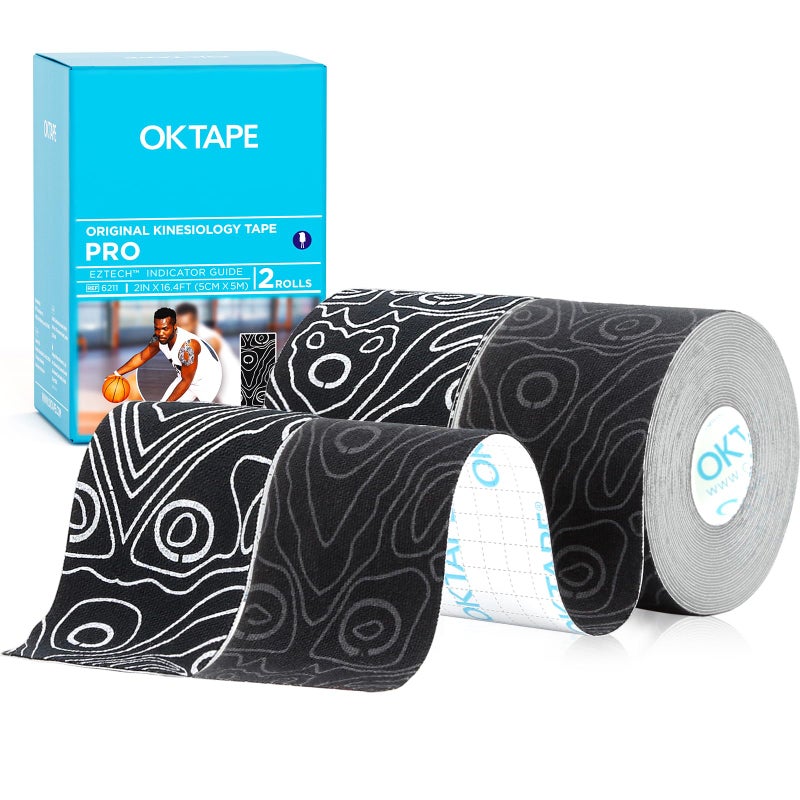OK TAPE PRO Kinesiology Tape, 2inch x Long Roll 16ft Free Cut Tape, Elastic Athletic Tape Therapeutic Latex Free, 2 Rolls Black+Black and Black+White - Image 1