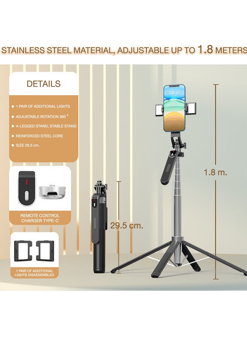 بيوينتي عصا سيلفي مع ضوء، عصا سيلفي طويلة مع حامل ثلاثي القوائم، عصا سيلفي للهاتف المحمول بلوتوث للهاتف المحمول، 1.8 متر، مكياج، سيلفي، مدونات الفيديو، يوتيوب، لايف، آيفون، P180 - Image 1