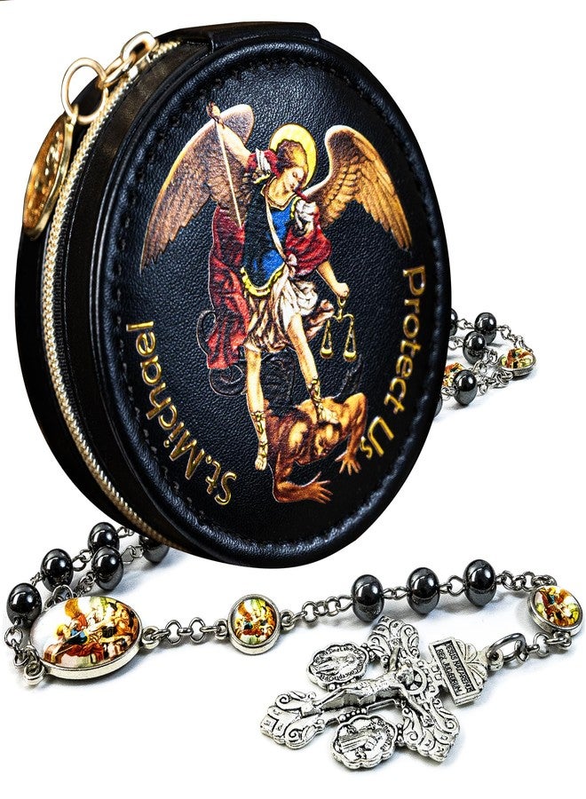 SUTANALE St. Michael the Archangel Catholic Rosary Necklace for Men, 8MM Obsidian Hematite Prayer Beads Packed in Travel Jewelry Box, Rosary Beads Catholic Saints Gifts for Men - Image 1