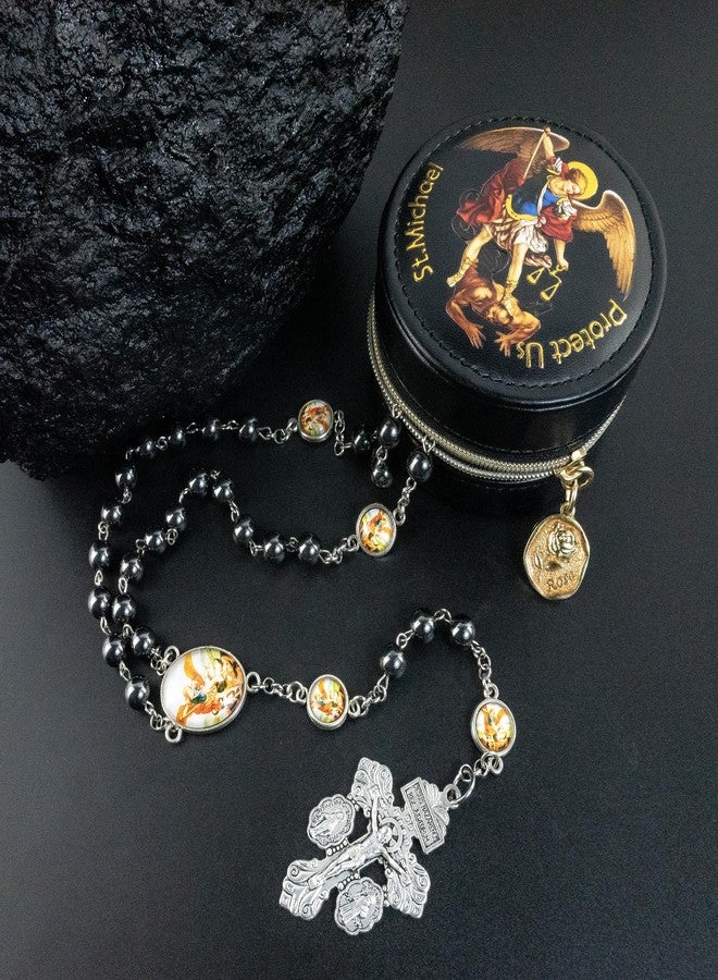 SUTANALE St. Michael the Archangel Catholic Rosary Necklace for Men, 8MM Obsidian Hematite Prayer Beads Packed in Travel Jewelry Box, Rosary Beads Catholic Saints Gifts for Men - Image 2