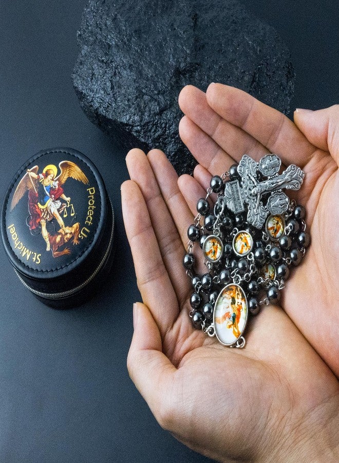 SUTANALE St. Michael the Archangel Catholic Rosary Necklace for Men, 8MM Obsidian Hematite Prayer Beads Packed in Travel Jewelry Box, Rosary Beads Catholic Saints Gifts for Men - Image 3