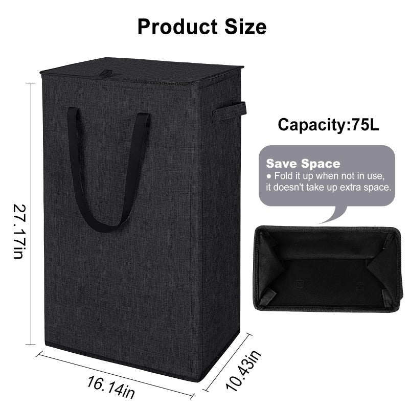 Odonata 75L Slim Laundry Hamper with Lid,Large Foldable Laundry Basket with Removable Bag and Handles Tall Collapsible Dirty Clothes Basket Great for Bedroom, Bathroom, Dorm, College,RV.(Black, 75L) - Image 2