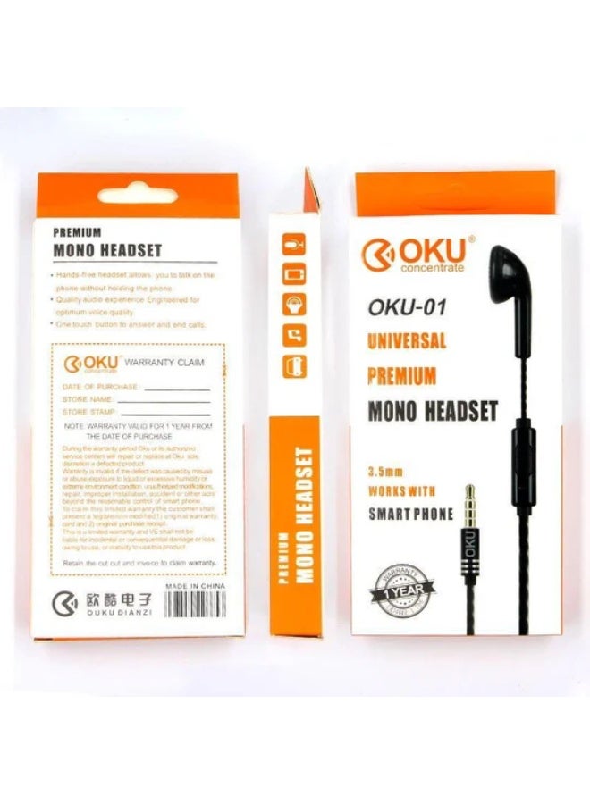 OKU Concentrate OKU OKU-01 Universal Premium Mono Headset 3.5mm Compatible with Smartphones – Black - Image 2
