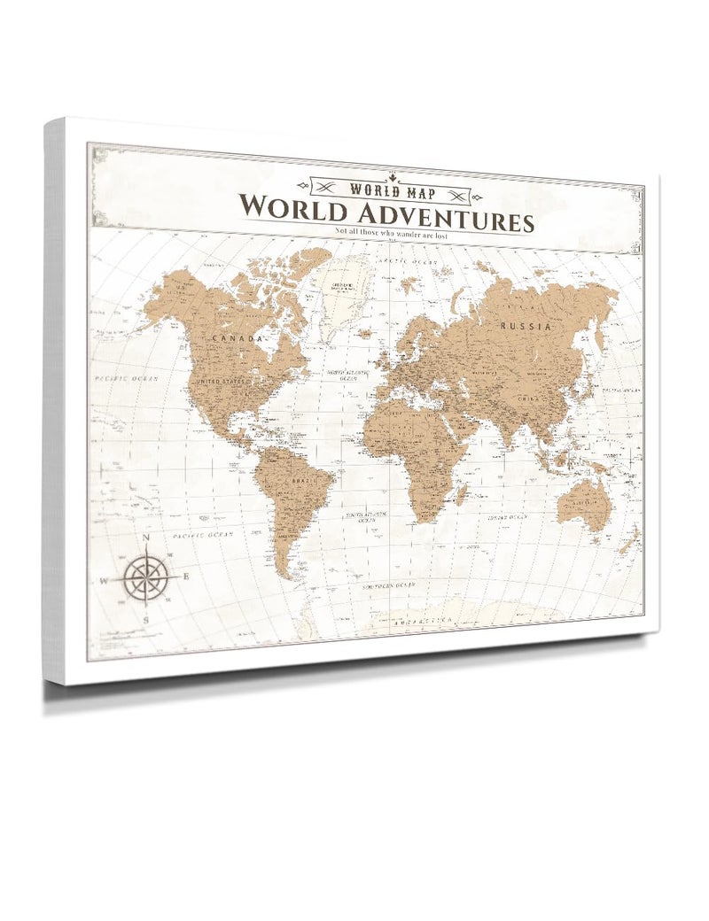 IPIC - Vintage World Map Canvas Wall Art, Large Travel Map Print for Home, Office, or Study, Push Pin Map Decor for Travel Lovers, Ready to Hang - Image 1