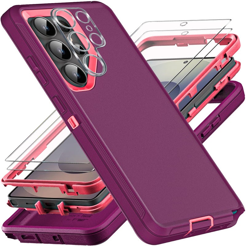 YKHJKLEC for Samsung Galaxy S25 Ultra Case, Military Grade 3 in 1 Heavy Duty Shockproof/Drop Proof/Dust Proof Case with 2Pcs Tempered Glass Screen Protector & 1Pcs Camera Lens Protector (Purple/Pink) - Image 1
