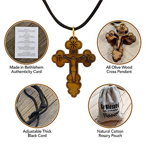 Most Original Gifts AUTHENTIC Bethlehem Olive Wood Eastern Cross Pendant in Natural Cotton Pouch with Christogram - Cross for Men & Women - Image 3