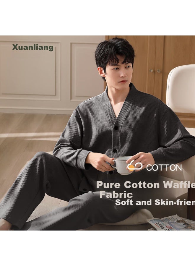 Xulen Waffle Pattern Men's Pajamas Autumn Winter Pure Cotton Long Sleeve Homewear Set 72388 Paris Gray L