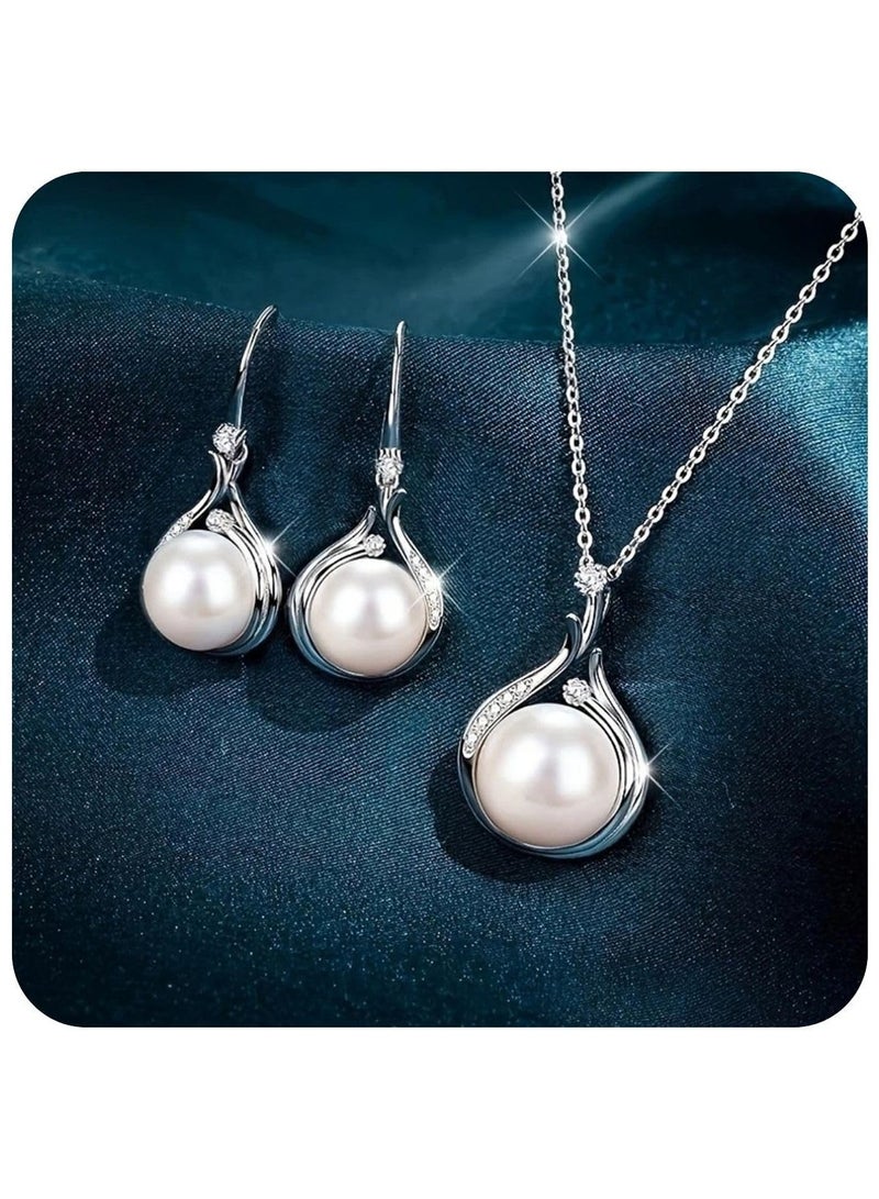 Pearl Jewelry Set for Women, Adjustable Dainty Pearl Pendant Necklace & Pearl Dangle Earrings, Wedding Jewelry Set, Silver Pearl Jewelry  - Image 1