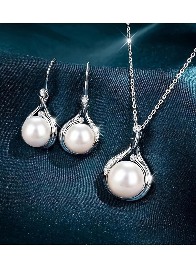 Pearl Jewelry Set for Women, Adjustable Dainty Pearl Pendant Necklace & Pearl Dangle Earrings, Wedding Jewelry Set, Silver Pearl Jewelry  - Image 5
