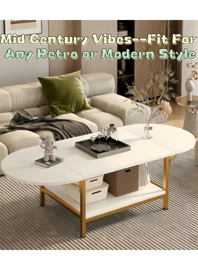 CityRiya-Long Expandable Drop Leaf Coffee Table with Storage Shelf, Modern White & Gold Center Table with Folding Sides, 2-Tier Multifunctional Coffee Table for Living Room, Small Spaces（CJ034） - Image 2