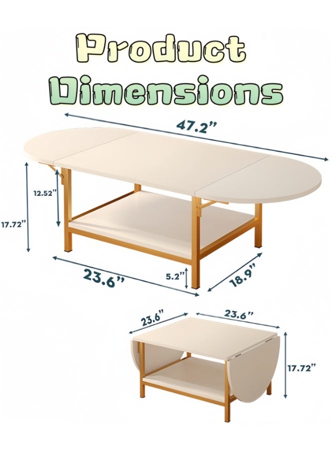 CityRiya-Long Expandable Drop Leaf Coffee Table with Storage Shelf, Modern White & Gold Center Table with Folding Sides, 2-Tier Multifunctional Coffee Table for Living Room, Small Spaces（CJ034） - Image 3