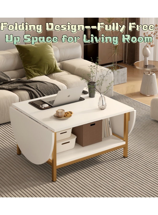 CityRiya-Long Expandable Drop Leaf Coffee Table with Storage Shelf, Modern White & Gold Center Table with Folding Sides, 2-Tier Multifunctional Coffee Table for Living Room, Small Spaces（CJ034） - Image 4
