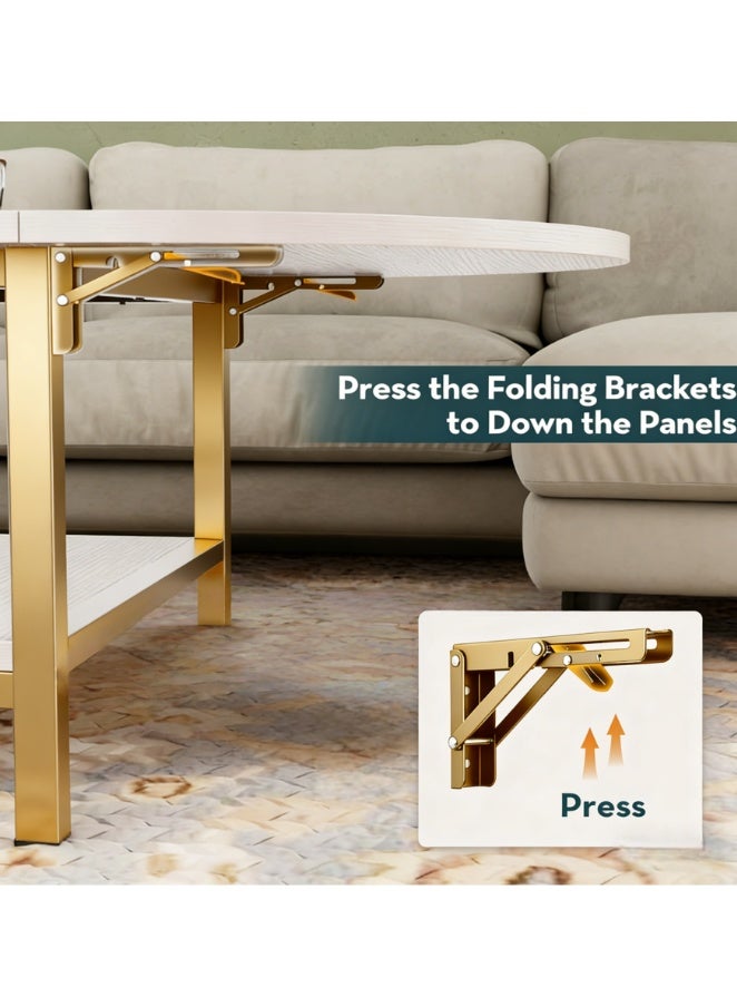 CityRiya-Long Expandable Drop Leaf Coffee Table with Storage Shelf, Modern White & Gold Center Table with Folding Sides, 2-Tier Multifunctional Coffee Table for Living Room, Small Spaces（CJ034） - Image 5