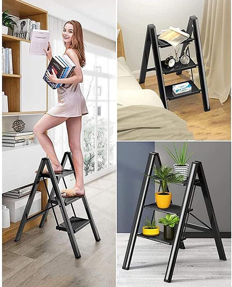 3 Step Aluminum Folding Ladder – Portable Household Stool – Non-Slip Safety Steps, Lightweight Design, Space-Saving Storage, Ideal for Indoor Cleaning & Décor - Image 3