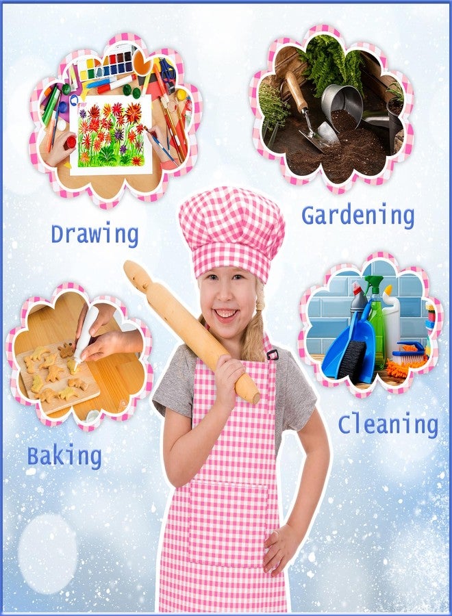 TOPWAYS Kids Apron and Chef Hat Set, Adjustable Check Child Chef Aprons with 2 Pockets for Kids Painting Baking Cooking Gardening (Rose Pink, M) - Image 5