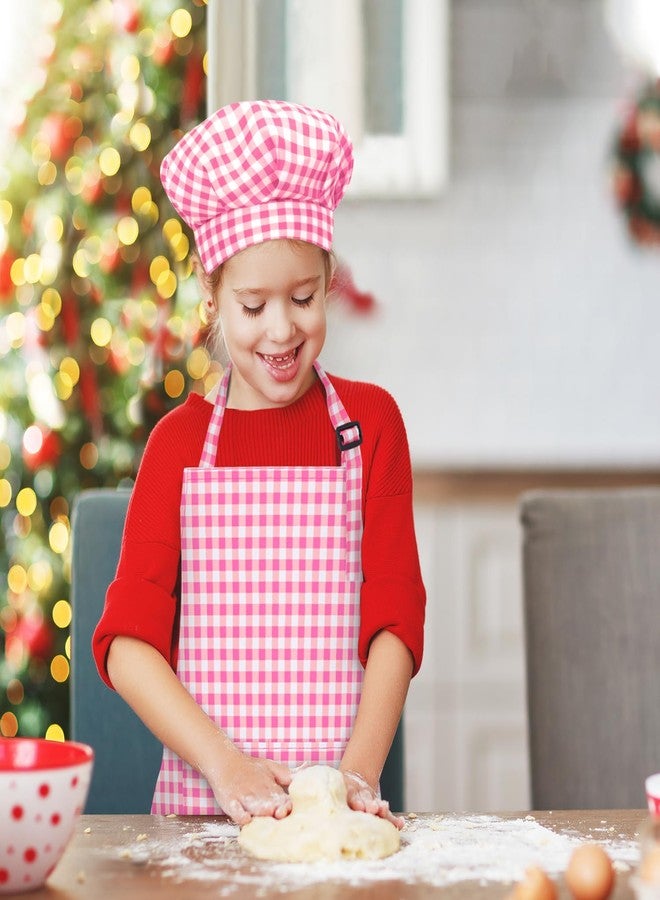 TOPWAYS Kids Apron and Chef Hat Set, Adjustable Check Child Chef Aprons with 2 Pockets for Kids Painting Baking Cooking Gardening (Rose Pink, M) - Image 2
