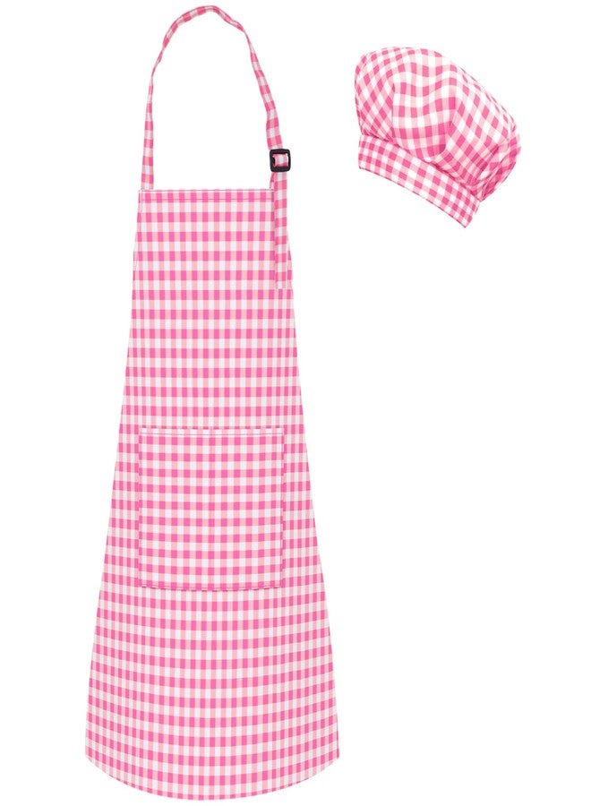 TOPWAYS Kids Apron and Chef Hat Set, Adjustable Check Child Chef Aprons with 2 Pockets for Kids Painting Baking Cooking Gardening (Rose Pink, M) - Image 1
