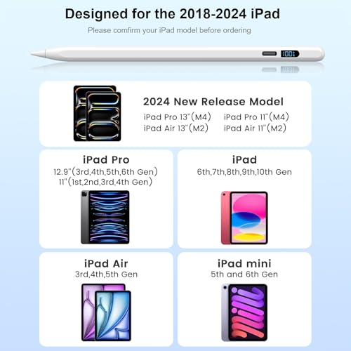 Mixoo Ipad Pencil for 9th 10th Generation Charge Display Apple Pencil Compatible with iPad Pro 11/12.9/13in, iPad 6/7/8/9/10, iPad Air 3/4/5, iPad mini 5/6 (LED Display-White) - Image 4