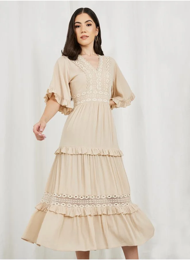 Styli Crepe Mesh Insert Frill Detail Tiered Midi Dress