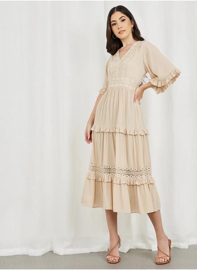 Styli Crepe Mesh Insert Frill Detail Tiered Midi Dress