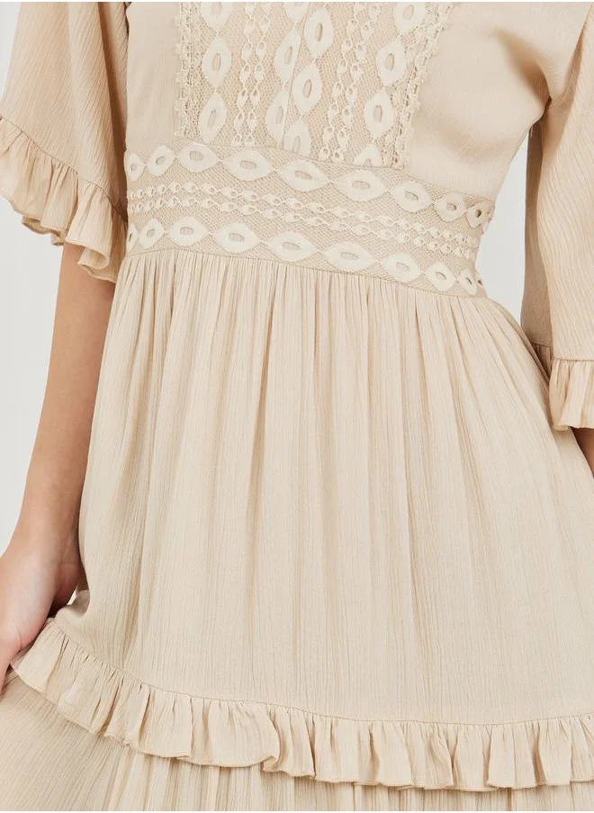 Styli Crepe Mesh Insert Frill Detail Tiered Midi Dress