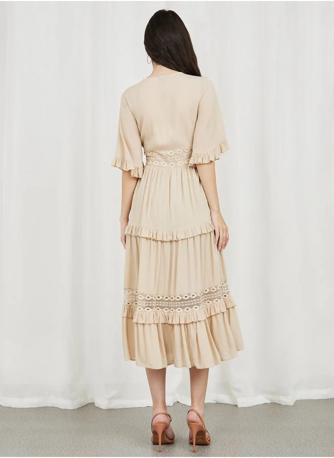 Styli Crepe Mesh Insert Frill Detail Tiered Midi Dress