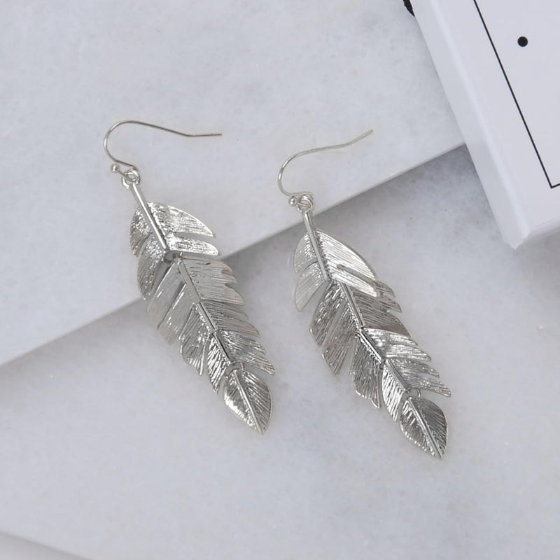 Humble Chic NY Humble Chic Floating Feathers Dangle Earrings - 925 Sterling Silver Tone Earrings - Long Hanging Metal Link Leaf Drops, Silver Tone - Image 3