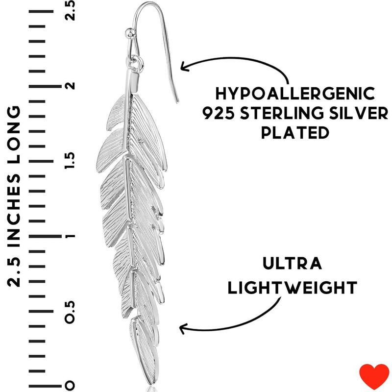 Humble Chic NY Humble Chic Floating Feathers Dangle Earrings - 925 Sterling Silver Tone Earrings - Long Hanging Metal Link Leaf Drops, Silver Tone - Image 4