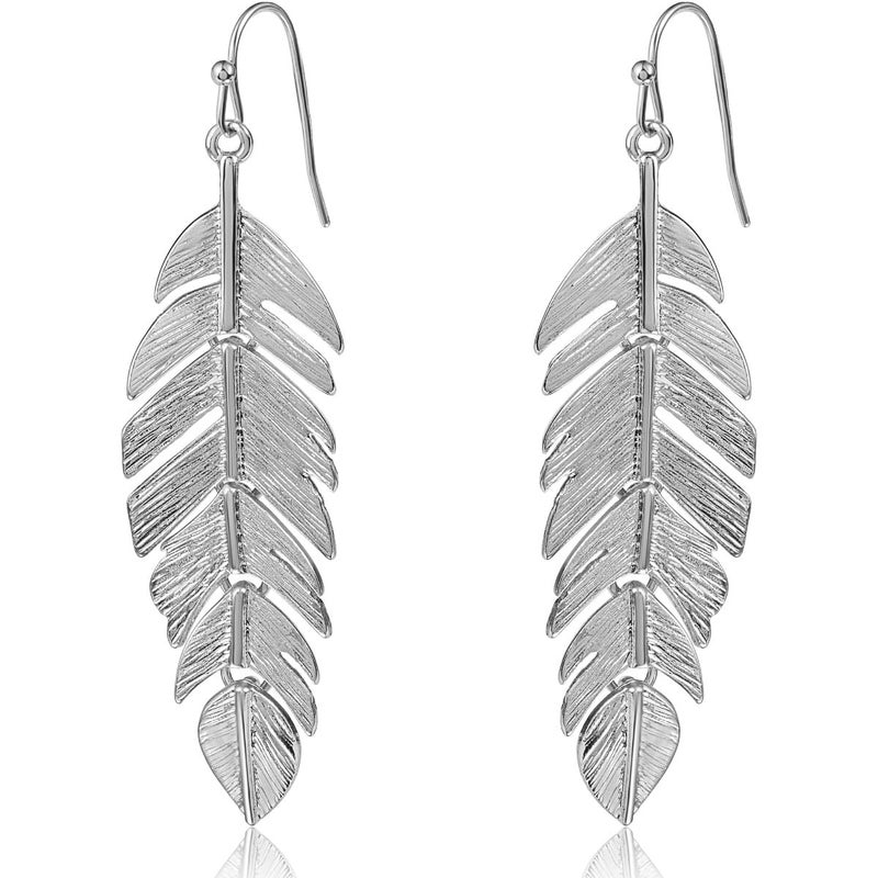Humble Chic NY Humble Chic Floating Feathers Dangle Earrings - 925 Sterling Silver Tone Earrings - Long Hanging Metal Link Leaf Drops, Silver Tone - Image 1