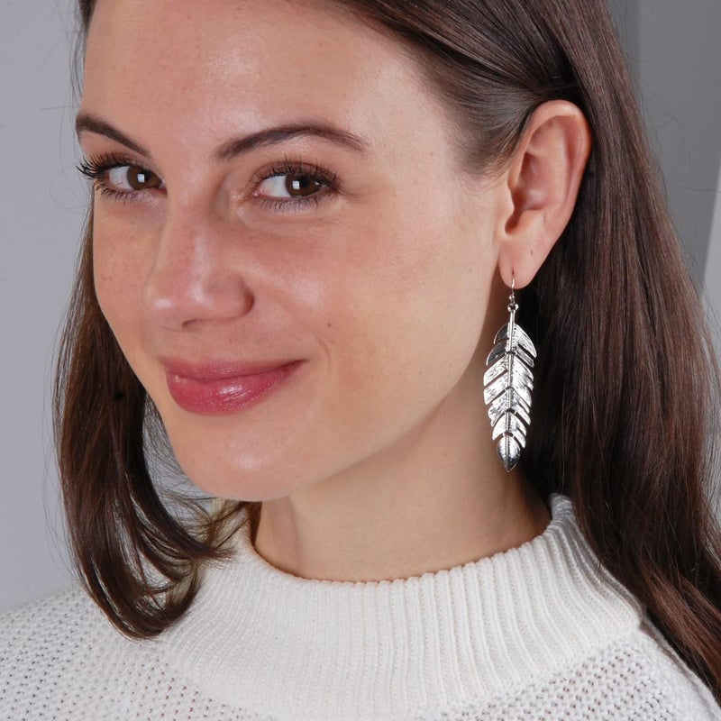 Humble Chic NY Humble Chic Floating Feathers Dangle Earrings - 925 Sterling Silver Tone Earrings - Long Hanging Metal Link Leaf Drops, Silver Tone - Image 2