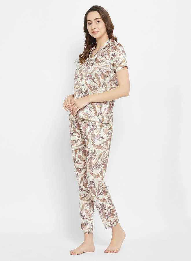 Clovia Satin Paisley Print Buttoned Shirt & Pyjama Set by Styli