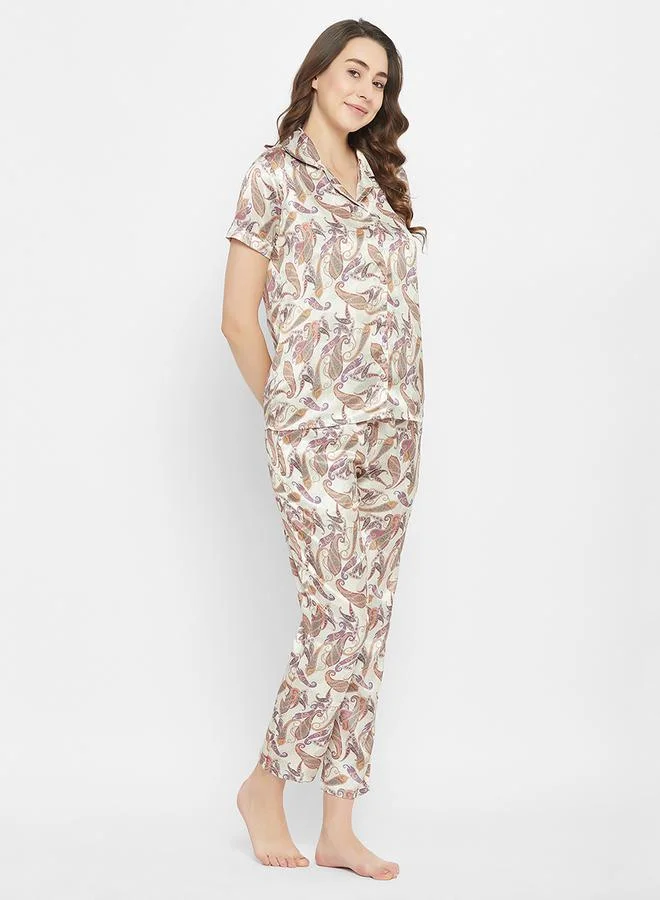 Clovia Satin Paisley Print Buttoned Shirt & Pyjama Set by Styli