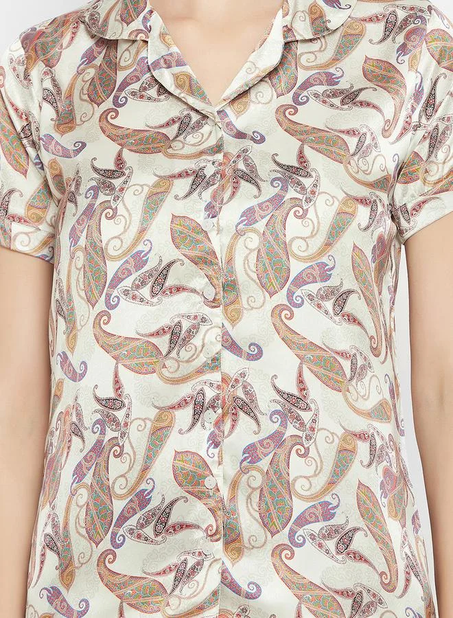 Clovia Satin Paisley Print Buttoned Shirt & Pyjama Set by Styli
