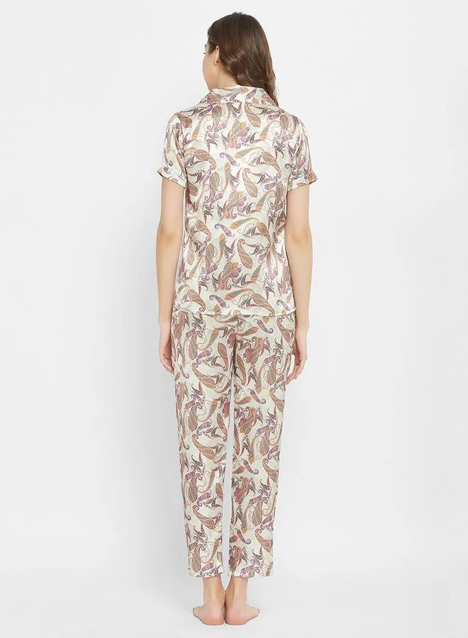 Clovia Satin Paisley Print Buttoned Shirt & Pyjama Set by Styli