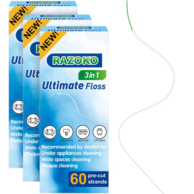 RAZOKO 3-in-1 Floss for Braces, 180 Pre-Cut Strands | Floss Threaders, Spongy & Regular Floss for Bridges & Wide Gaps - Image 1