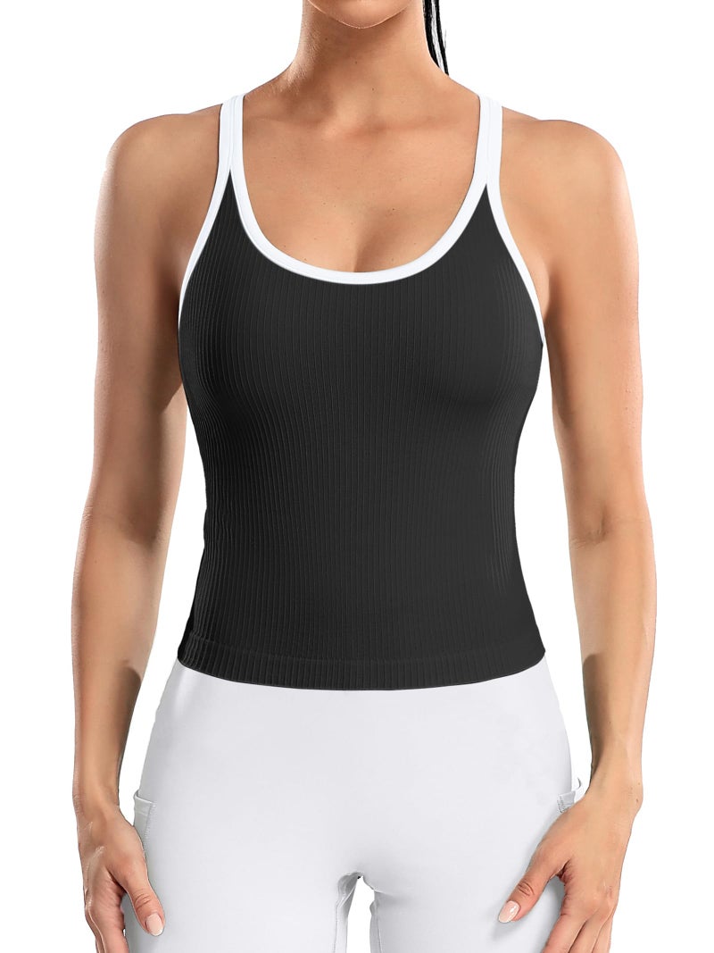 ATTRACO Women's Workout Tank Tops with Built-in Bra Ribbed Seamless Crop Top Waist Length Black S - Image 1