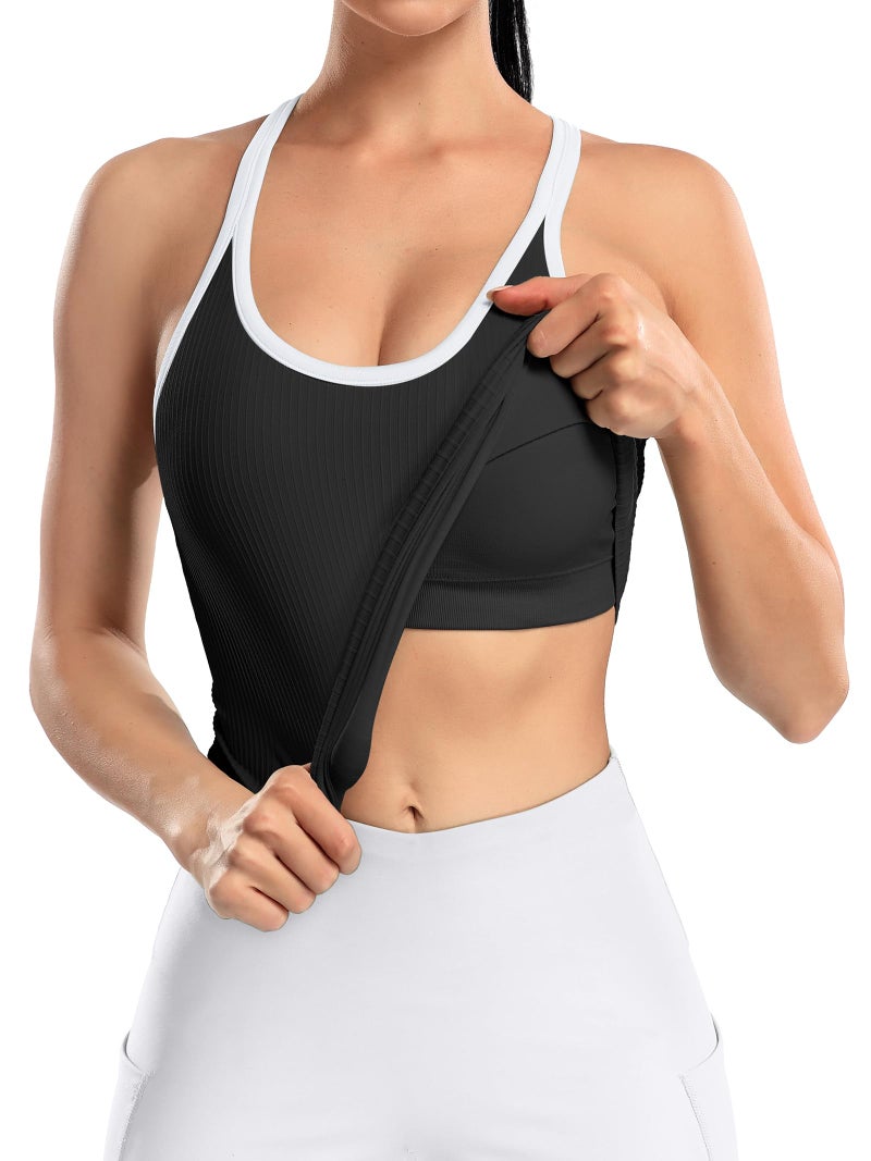 ATTRACO Women's Workout Tank Tops with Built-in Bra Ribbed Seamless Crop Top Waist Length Black S - Image 2