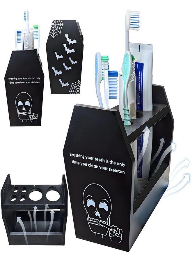 TOSOENPHY Halloween Bathroom Decor - Spooky Gothic Skull Coffin Toothbrush Holder - Horror Goth Bathroom Accessories with Bat Cobweb Prints - Image 1