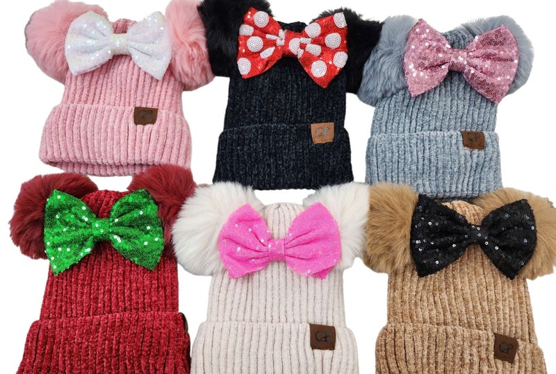 CLGIFT Rose Gold Minnie Ears Beanie, Winter Beanie, Mickey Beanie, Holiday Winter Christmas, Minnie Fall Hat (Black/Polka) - Image 1