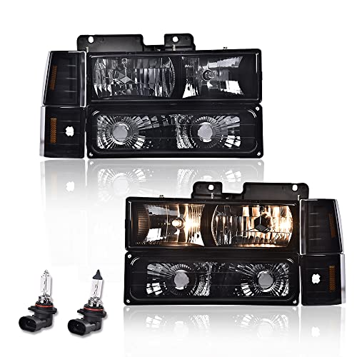 GPLUS مجموعة مصابيح أمامية G-PLUS، تناسب GMC C1500 K1500 يوكون 1994-1999 مصابيح أمامية، عدسة مدخنة هيكل أسود عاكس كهرماني، faros delanteros - Image 1