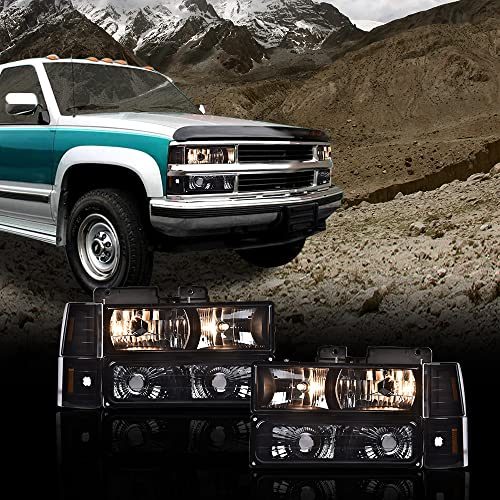 GPLUS مجموعة مصابيح أمامية G-PLUS، تناسب GMC C1500 K1500 يوكون 1994-1999 مصابيح أمامية، عدسة مدخنة هيكل أسود عاكس كهرماني، faros delanteros - Image 2