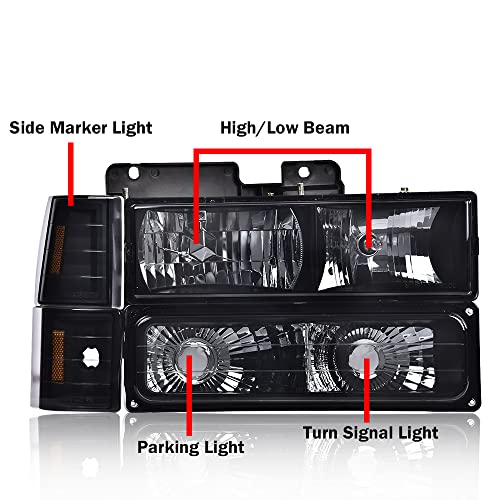 GPLUS مجموعة مصابيح أمامية G-PLUS، تناسب GMC C1500 K1500 يوكون 1994-1999 مصابيح أمامية، عدسة مدخنة هيكل أسود عاكس كهرماني، faros delanteros - Image 4