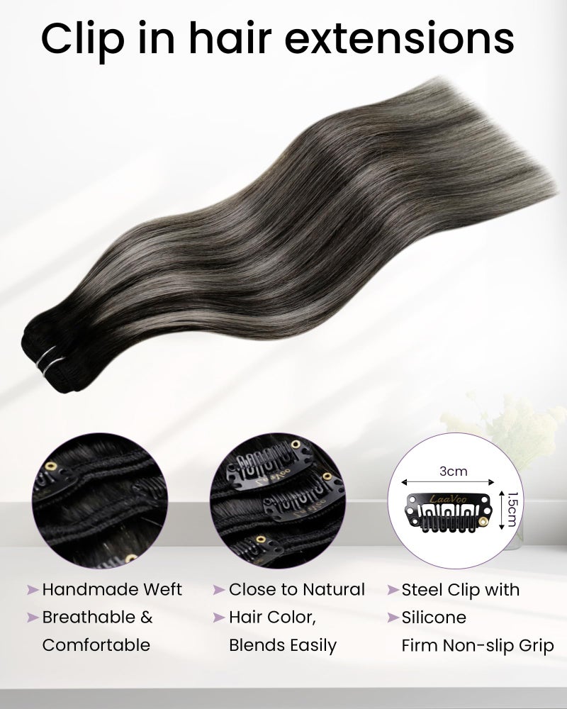 LaaVoo Human Hair Clip in Ombre Off Black to Silver Grey Hair Extensions Clip ins Black Balayage Clip in Hair Extensions Real Human Hair Short Silky Straight 12 Inch 5pcs/80g - Image 3