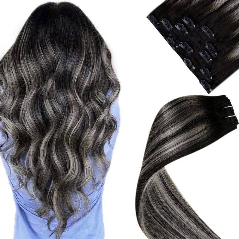 LaaVoo Human Hair Clip in Ombre Off Black to Silver Grey Hair Extensions Clip ins Black Balayage Clip in Hair Extensions Real Human Hair Short Silky Straight 12 Inch 5pcs/80g - Image 1