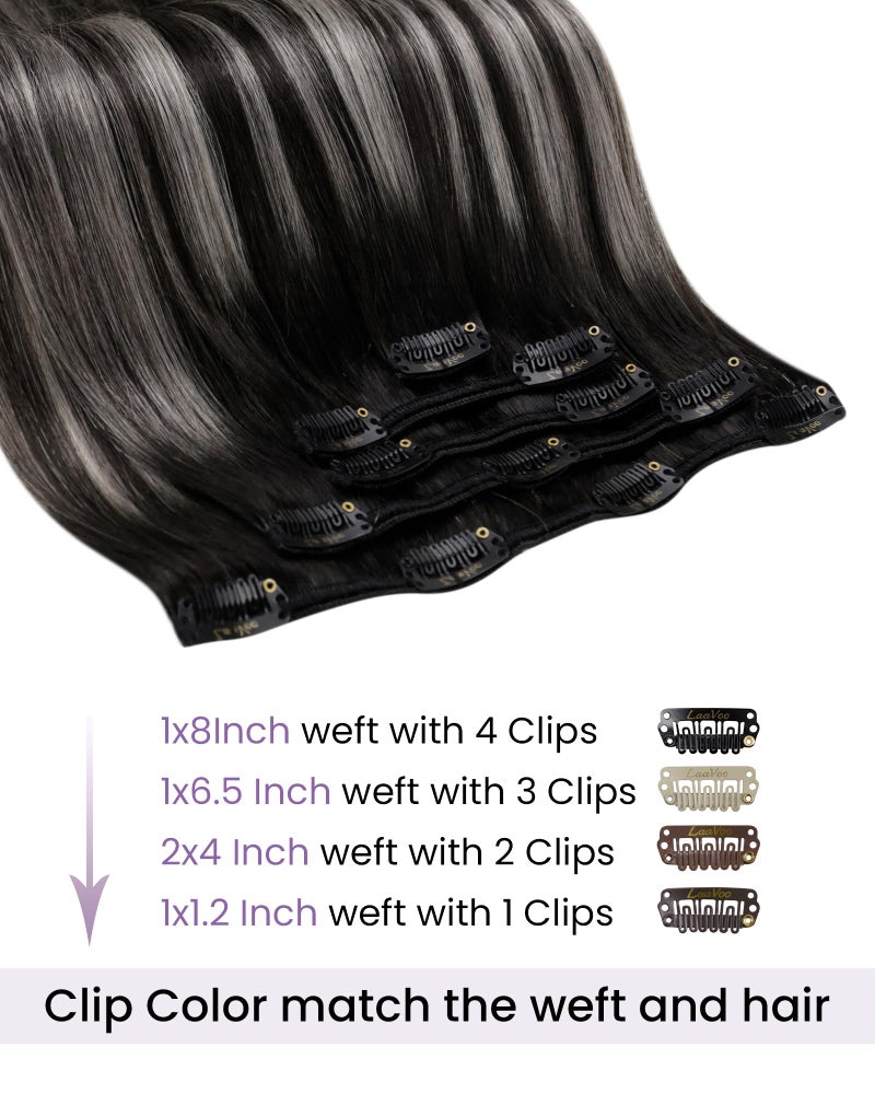 LaaVoo Human Hair Clip in Ombre Off Black to Silver Grey Hair Extensions Clip ins Black Balayage Clip in Hair Extensions Real Human Hair Short Silky Straight 12 Inch 5pcs/80g - Image 2