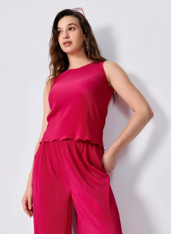 Outzidr  Pink Plisse Top and Straight Fit Pants Co-Ords for Women | Best Price UAE